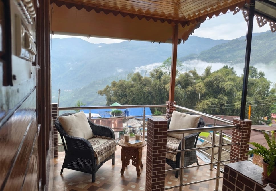 Balcony seating with valley view